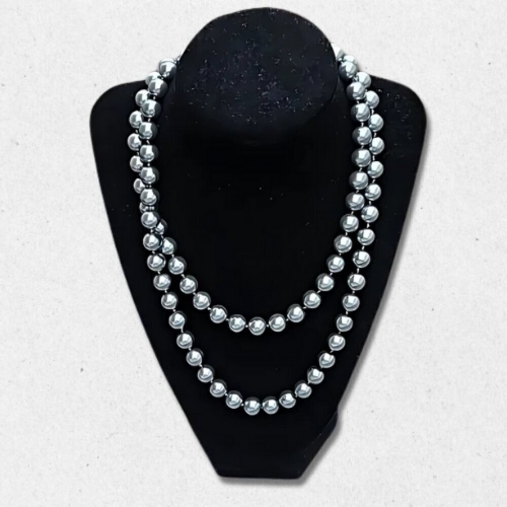 Luminous Faux Pearl Hand Knotted Necklace Double Layered Fish Hook Clasp Gray W